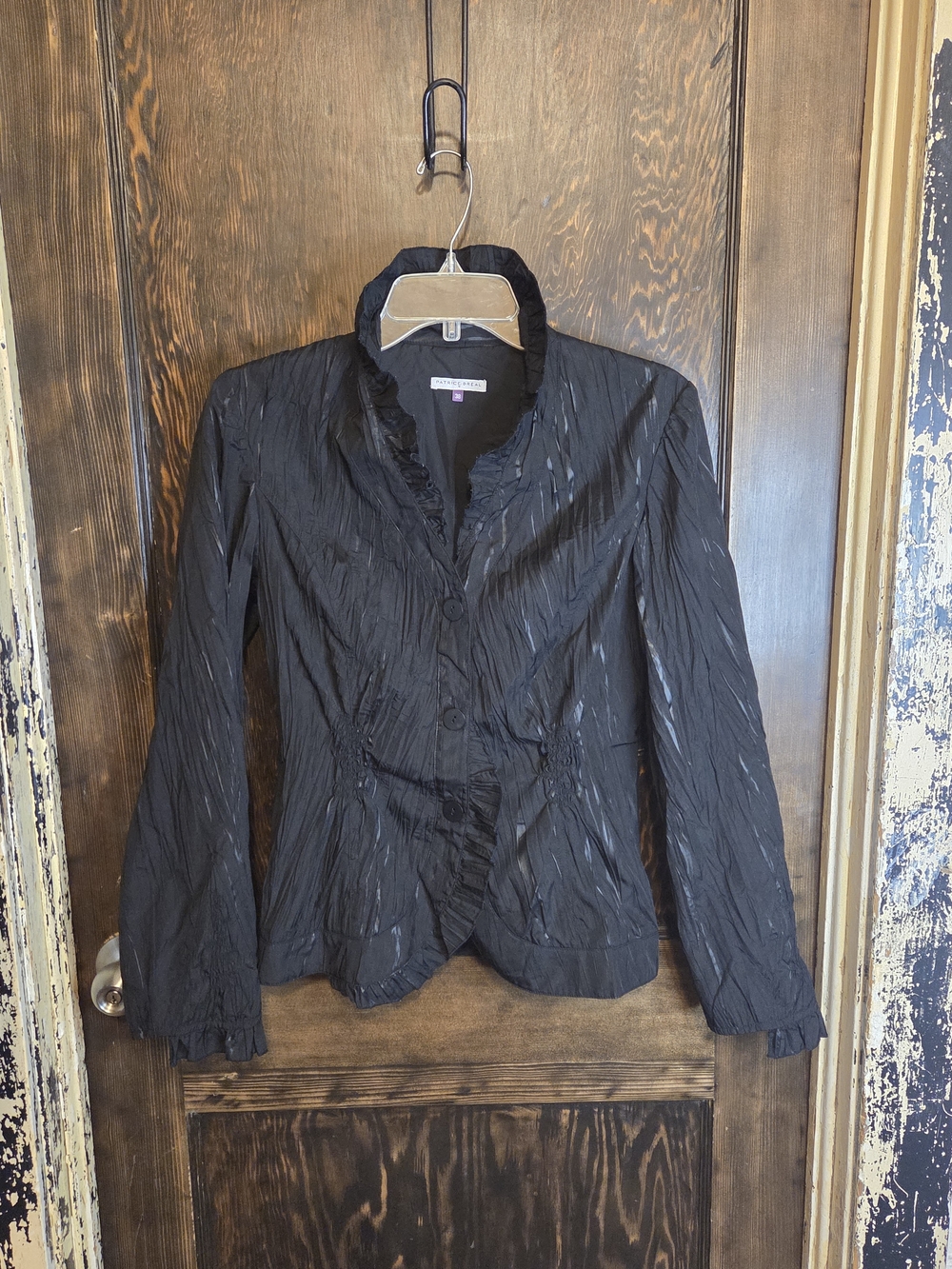 Patrice Breal Women's Black Ruffled Button-Front Jacket Blazer Steampunk Sz 38